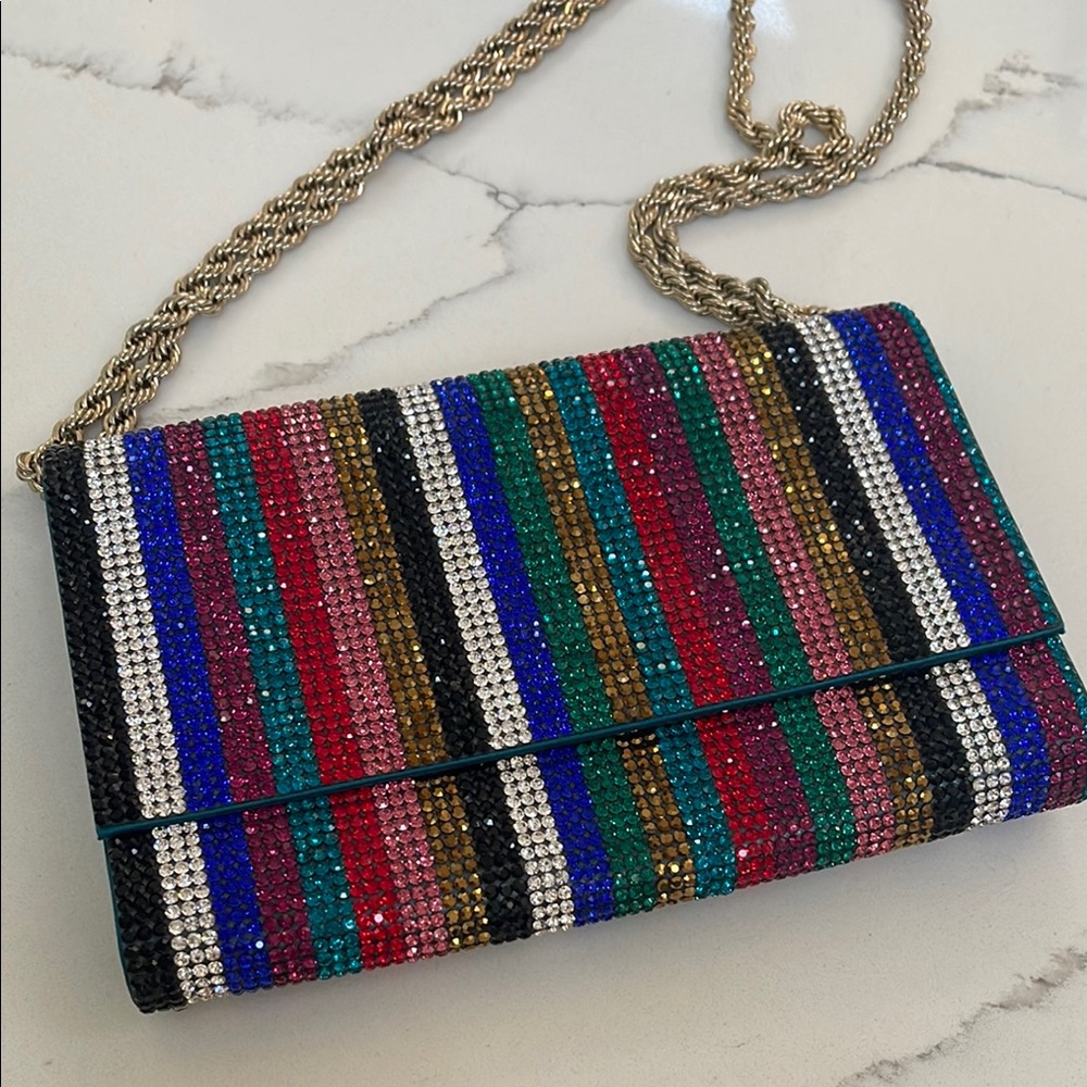 Judith Lieber Couture Crystal Multicolor Striped Clutch or Shoulder Bag